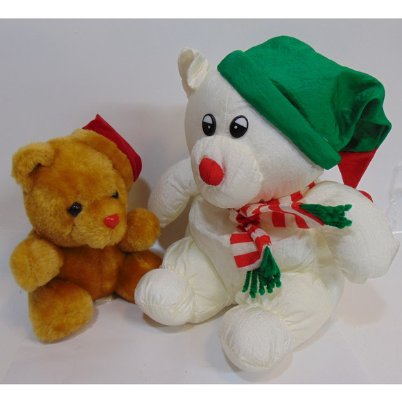 Vintage Christmas Bears Teddy Silk Hat Scarf White Brown Red Nose Plastic Eyes - Picture 1 of 9